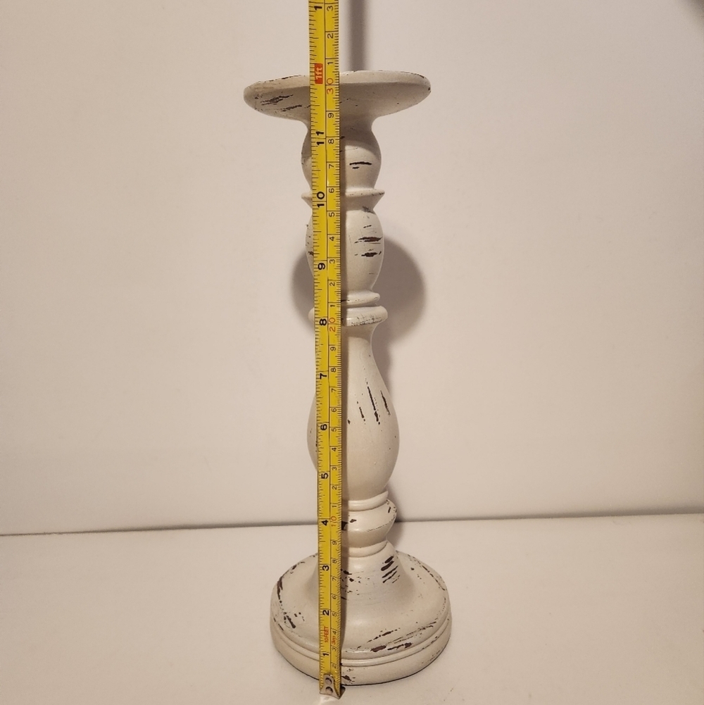 12” At Home White Rustic Worn Design Candlestick - Picture 5 of 8
